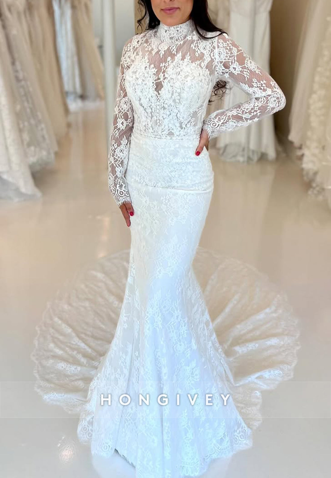 Long Sleeves High Neck Mermaid Lace Pleated Court Train Wedding Dresses