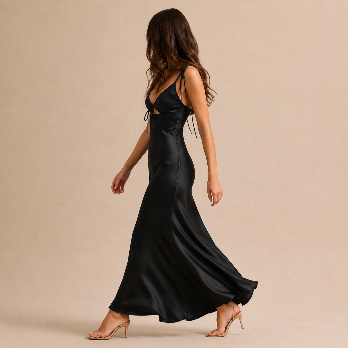 Satin V-Neck Tie Strap Cut Out Slip Maxi Dress 4