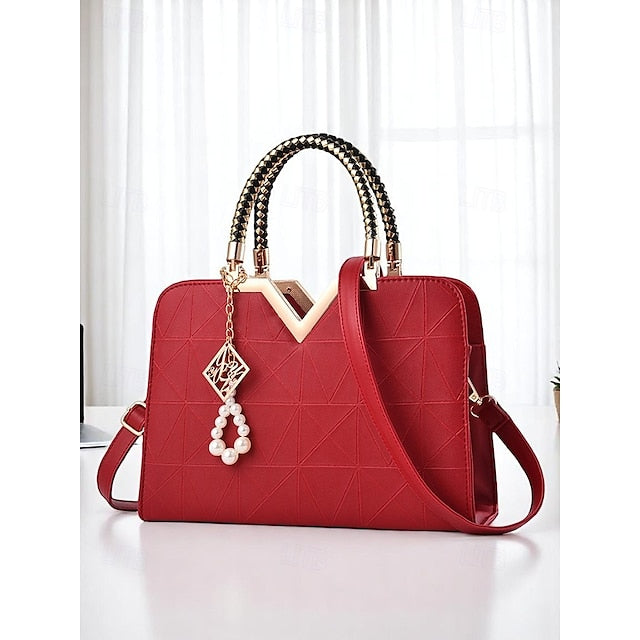 Handbag Faux with Elegant Pendant Pearl Leather