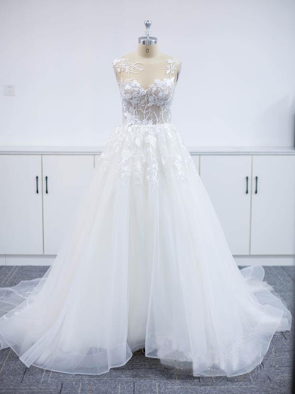 Open Back Appliques Wedding Dress Tulle Bridal Gowns - Fashionpara