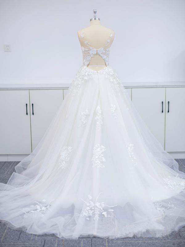 Open Back Appliques Wedding Dress Tulle Bridal Gowns - Fashionpara