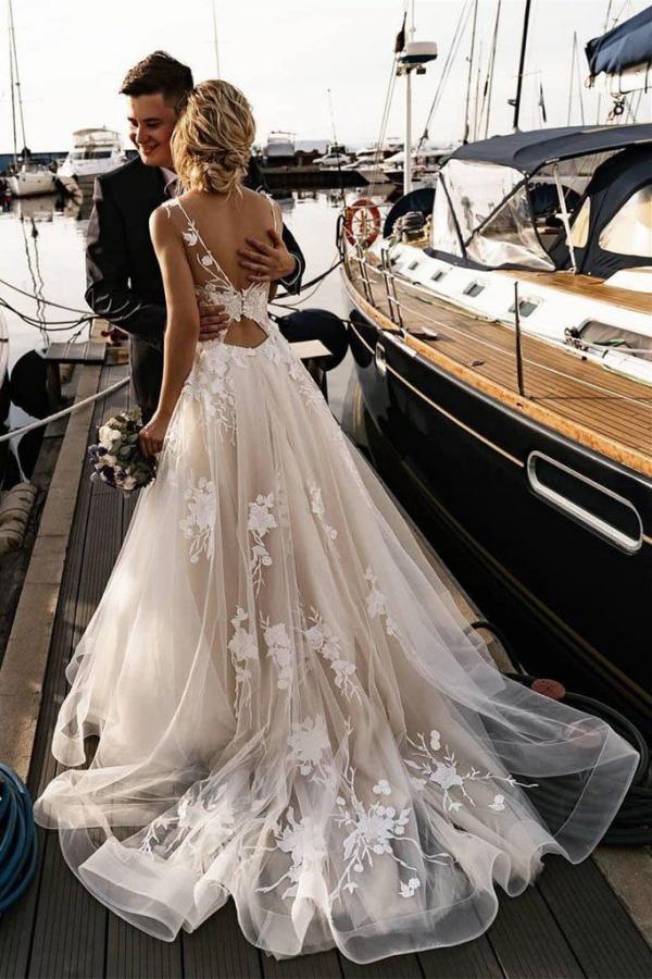 Open Back Appliques Wedding Dress Tulle Bridal Gowns - Fashionpara