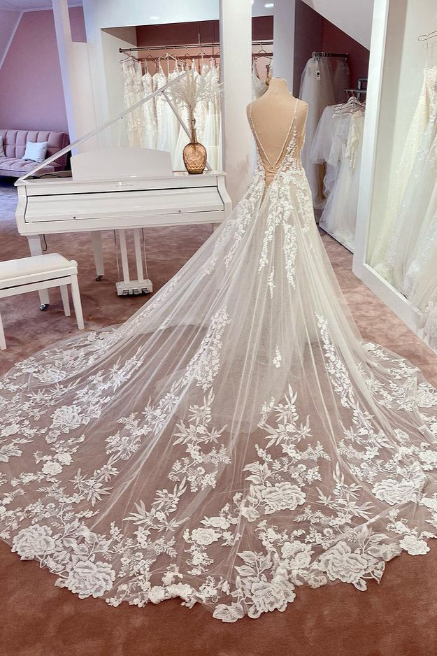 Open Back Wedding Dress Lace Sleeveless Long V-Neck - Fashionpara