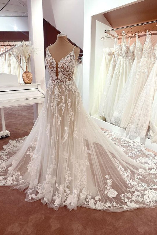 Open Back Wedding Dress Lace Sleeveless Long V-Neck - Fashionpara