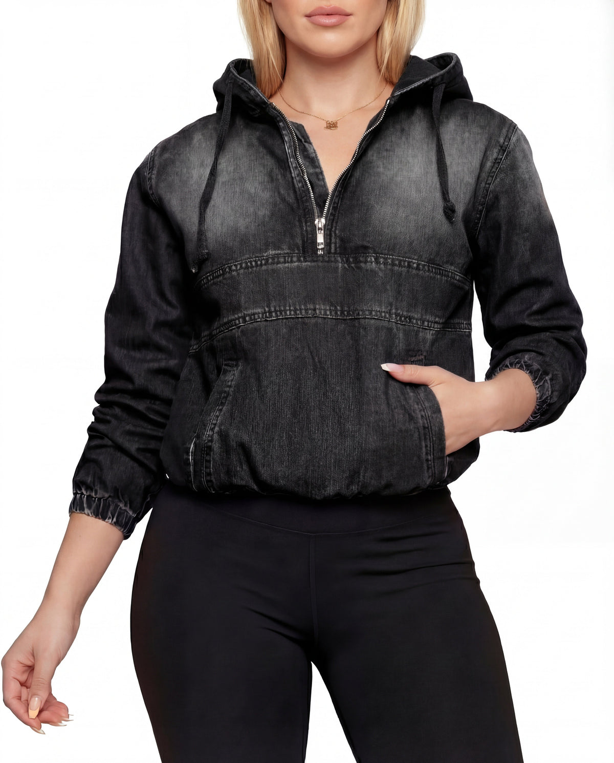 Hooded Half Zip Denim Pullover Jacket 4