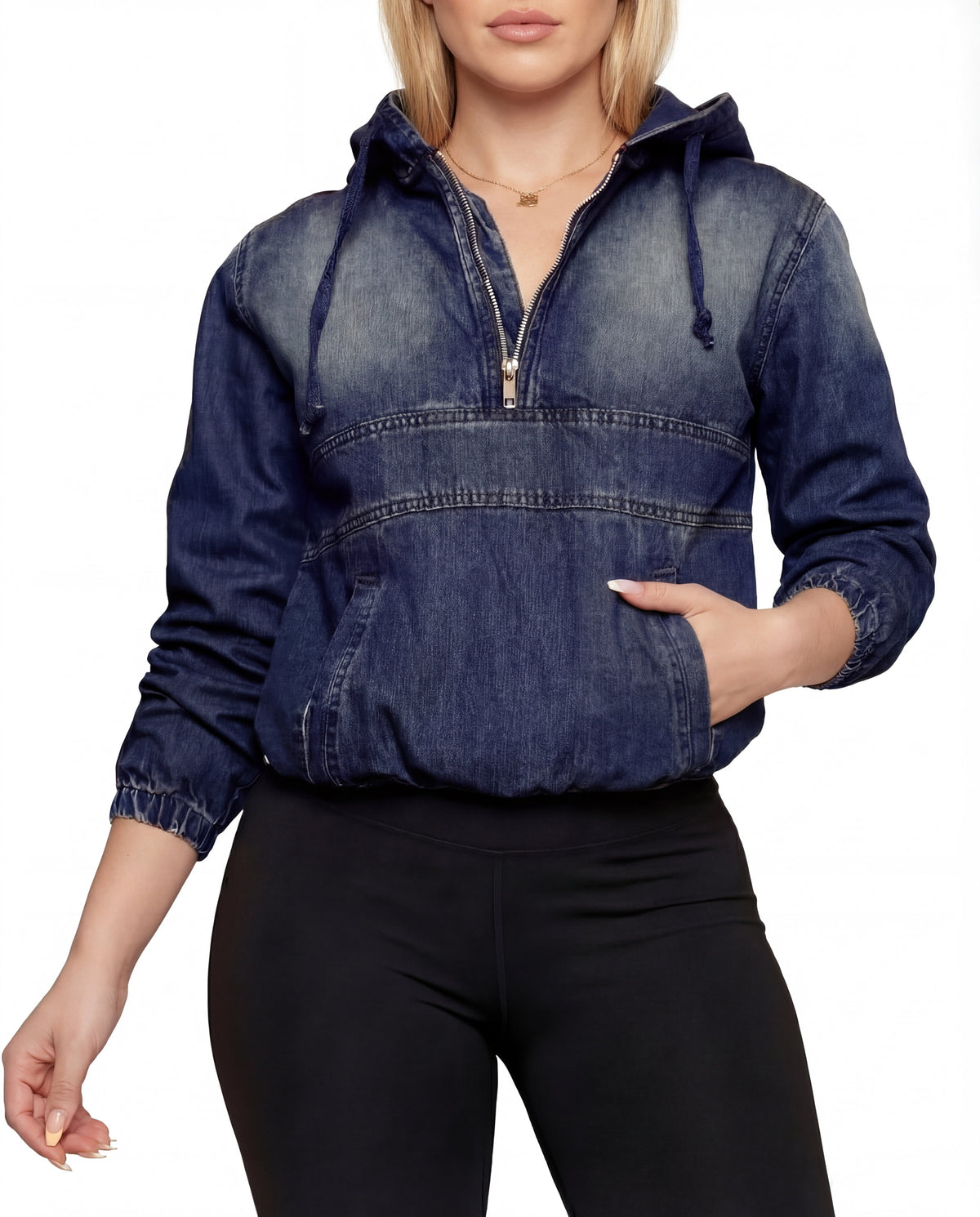 Hooded Half Zip Denim Pullover Jacket 2