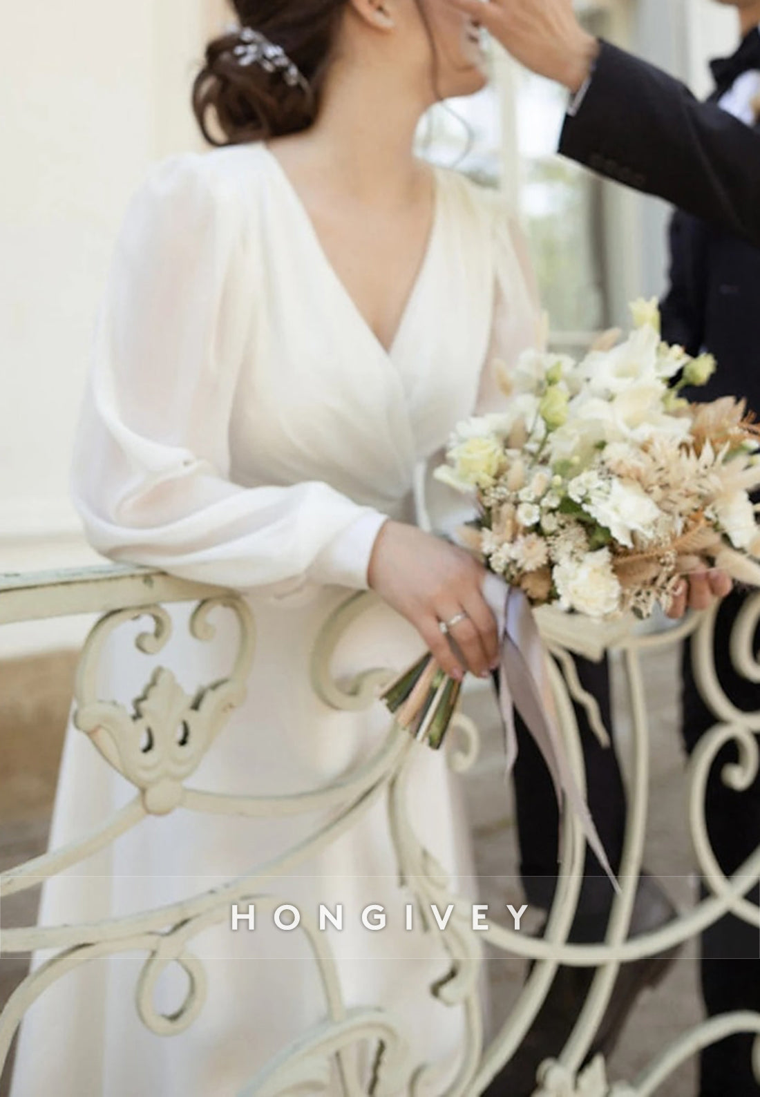 V Neck Tea-Length A-line Long Sleeve Pleated Wedding Dresses