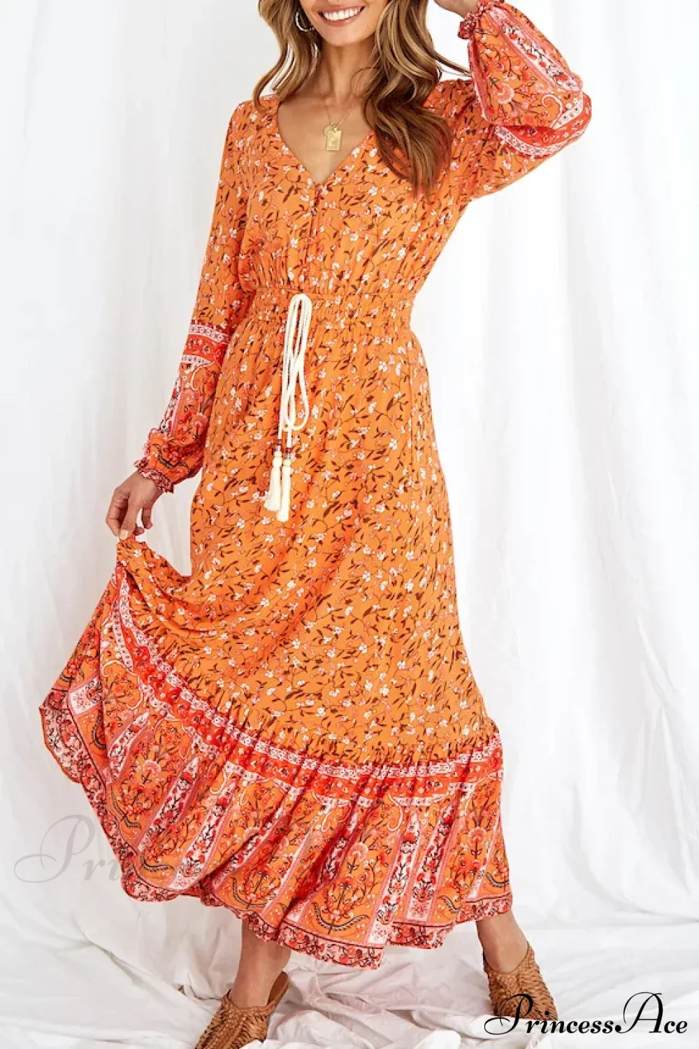 Orange Floral Print Elastic Waist Rayon Cotton Maxi Boho Dress Orange / S bohodress-250126
