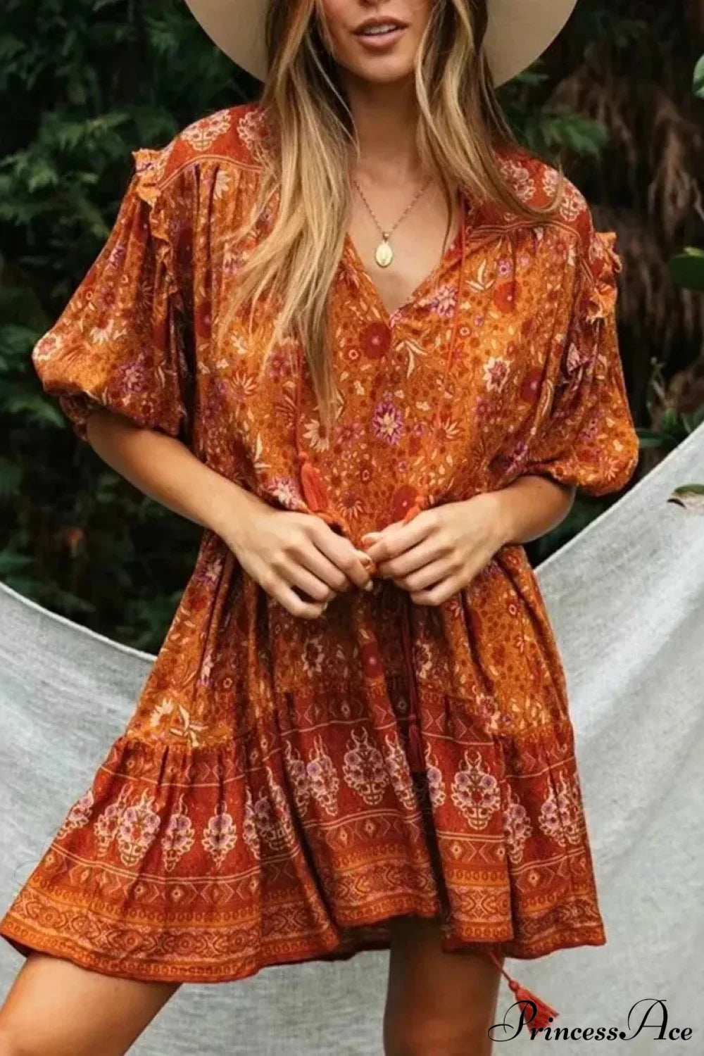 Orange Floral Print Lantern Sleeve Tassel Rayon Mini Boho Dress Orange / S bohodress-250126