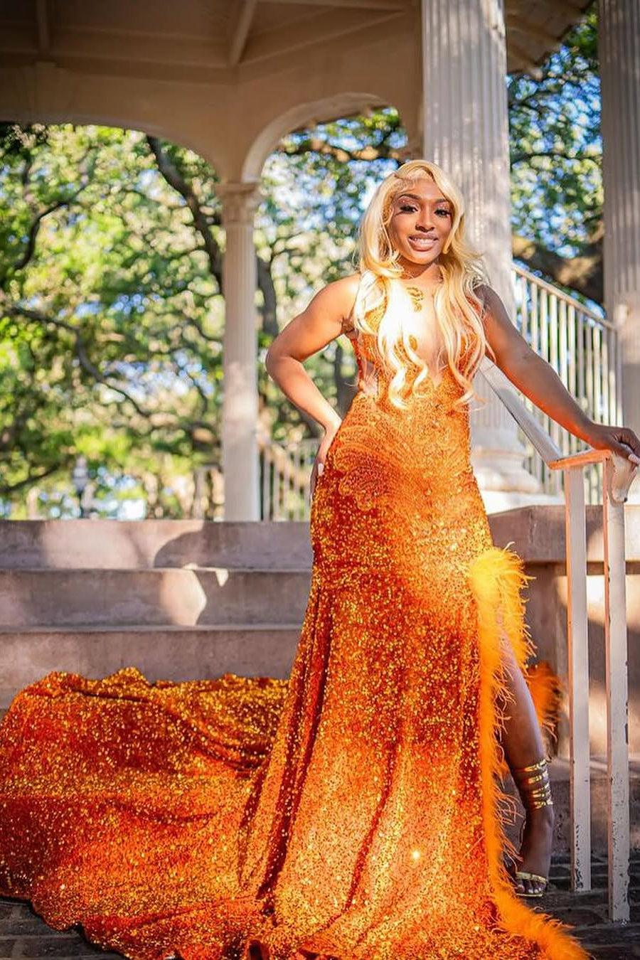 Orange Sleeveless Beaded Sequin Feathers Prom Dresses