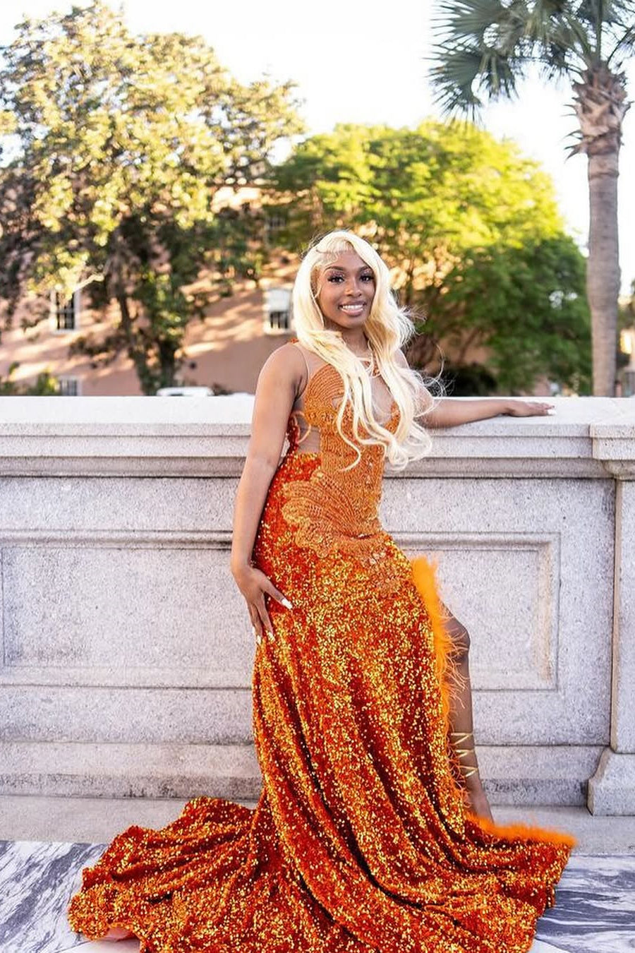 Orange Sleeveless Beaded Sequin Feathers Prom Dresses