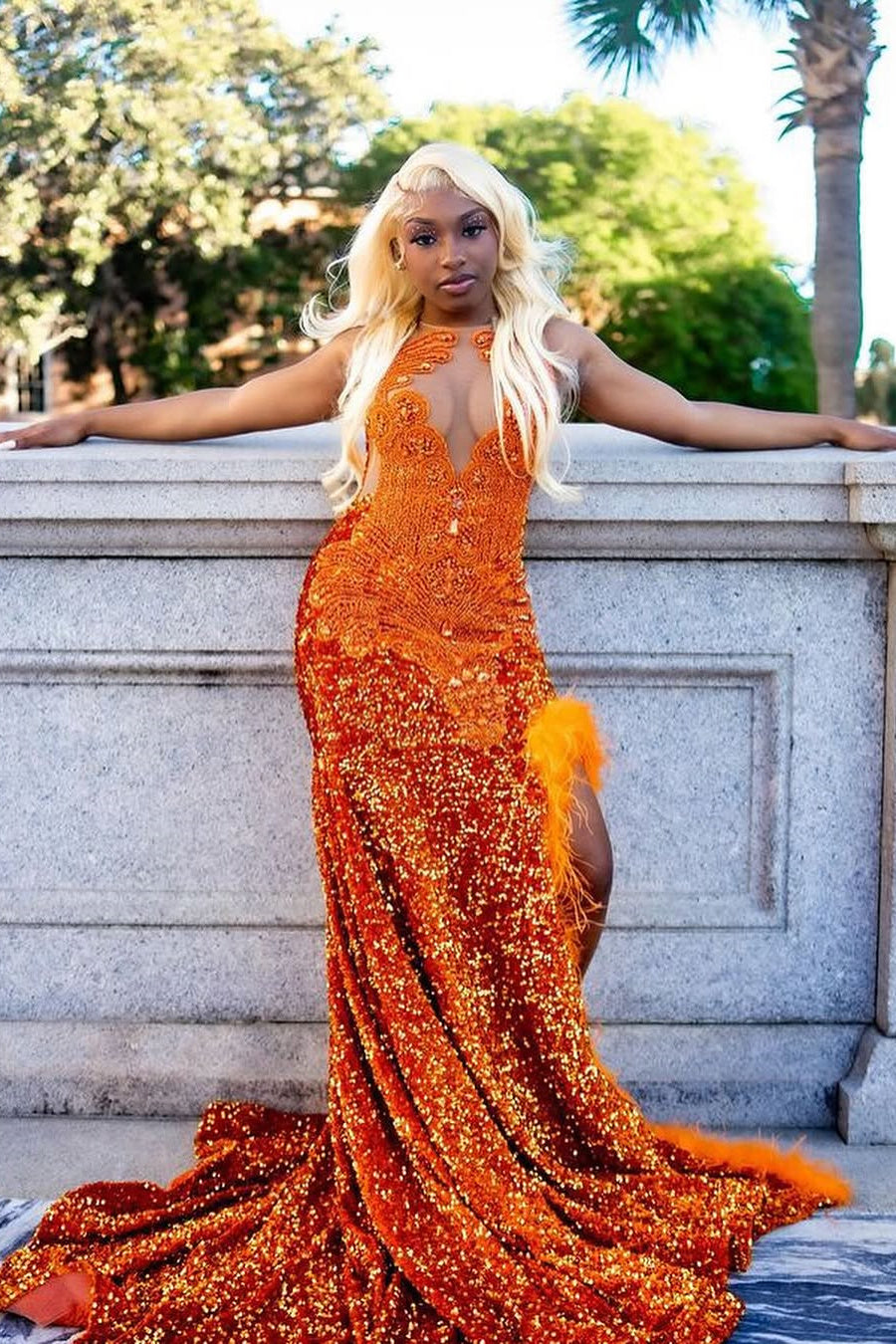 Orange Sleeveless Beaded Sequin Feathers Prom Dresses