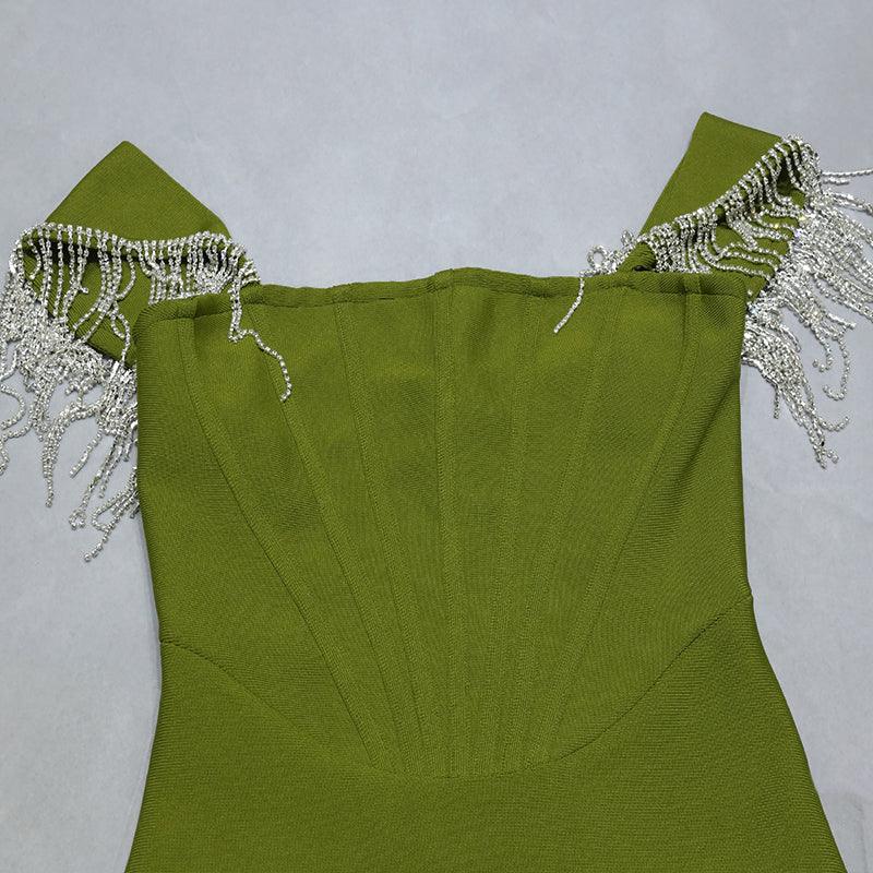KittenAlarm - Orelia Off Shoulder Tassel Rhinestone corset mini Dress