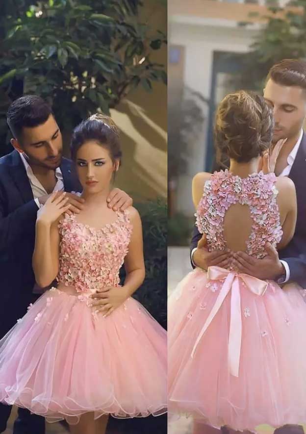 Organza Cocktail Dress Ball Gown Bateau Short/Mini with Appliqued Detail - Fashionpara