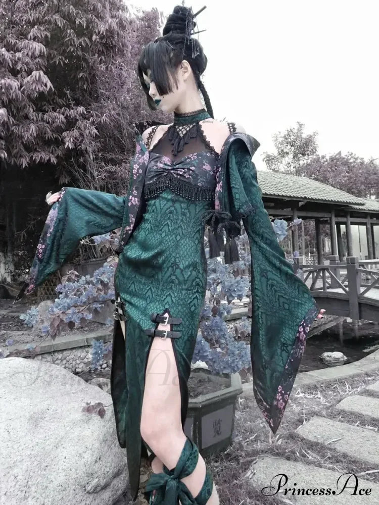 Original Design Summer Dress Snake Halter Neck Mesh Patch New Sexy Gothic Cheongsam High Slit Dress