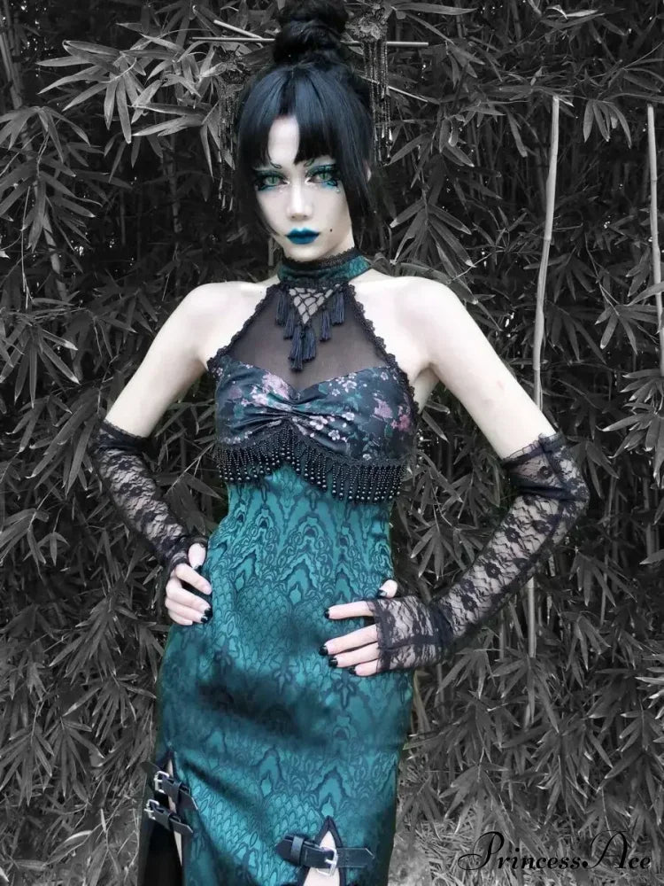 Original Design Summer Dress Snake Halter Neck Mesh Patch New Sexy Gothic Cheongsam High Slit Dress