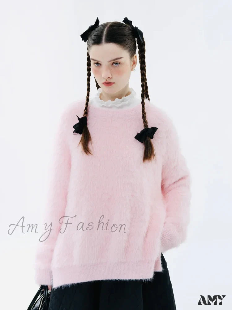 Original Design Winter Warm Round Neck Pink Sweater 2