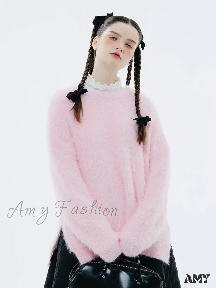 Original Design Winter Warm Round Neck Pink Sweater