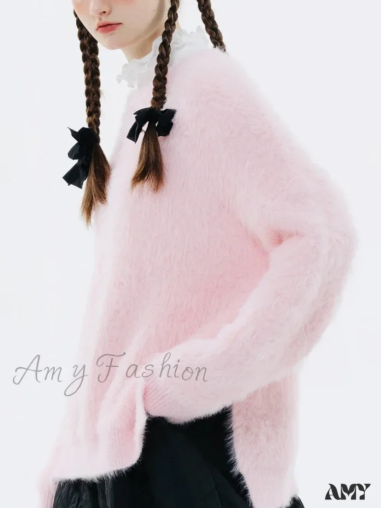 Original Design Winter Warm Round Neck Pink Sweater 4