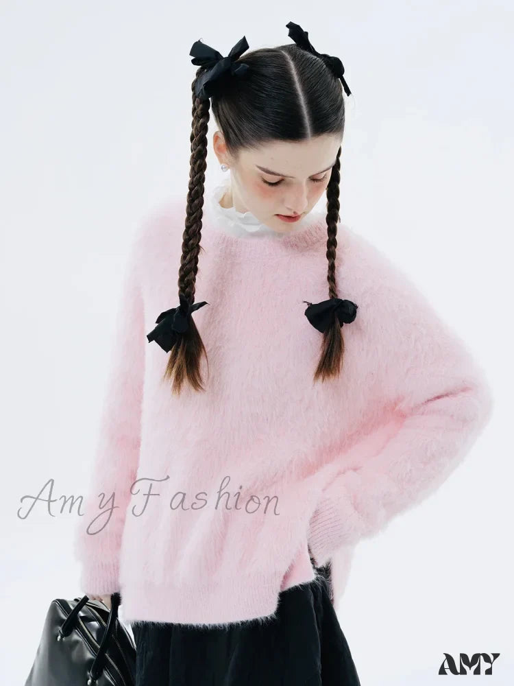 Original Design Winter Warm Round Neck Pink Sweater 3