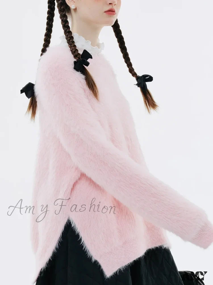 Original Design Winter Warm Round Neck Pink Sweater 5