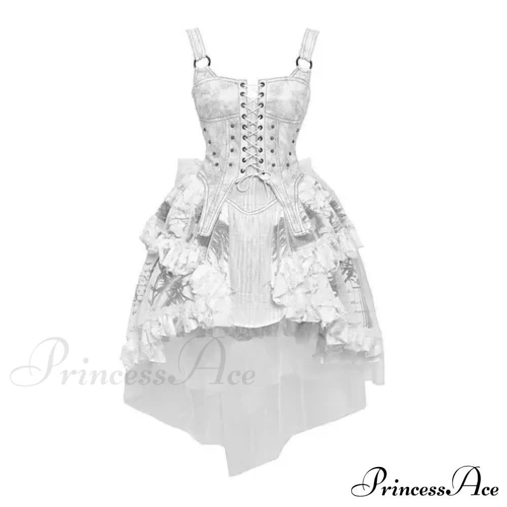 Original Madhouse Vintage Punk Niche Trailing Print Dress Gothic Light Lolita Suspender White / S