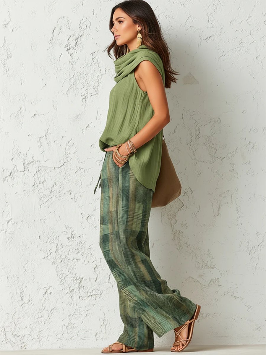 Cowl Neck Sleeveless Top and Plaid Wide Leg Pants Two Piece Set 3