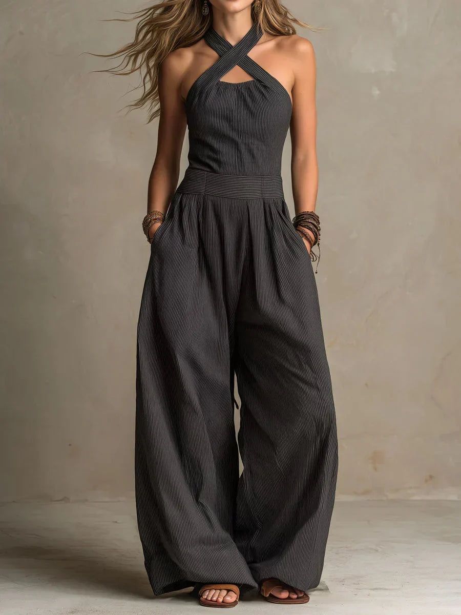 Cross Halter Neck Cut Out Wide Leg Jumpsuit with Pockets