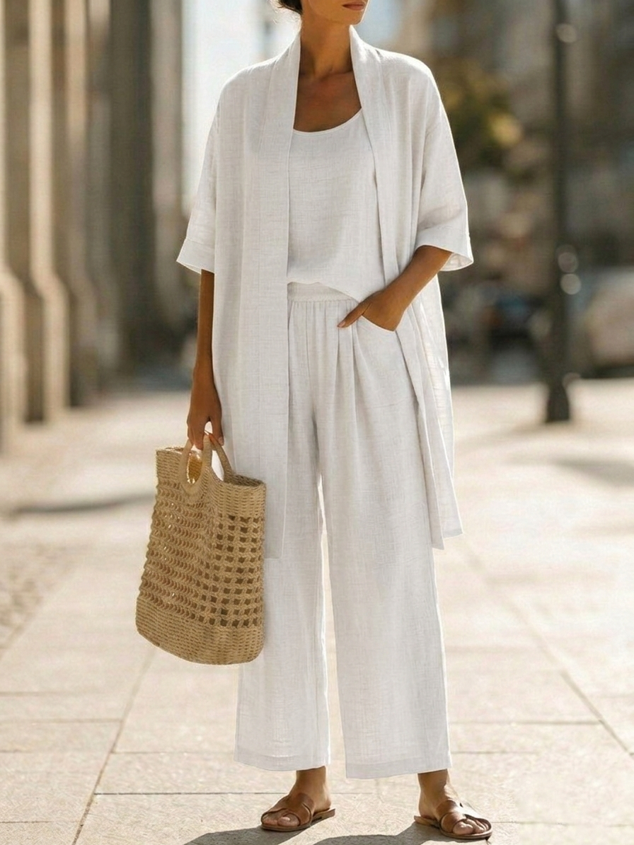 Sleeveless Tank Open Front Kimono and Wide Leg Pants Three Piece Set 14