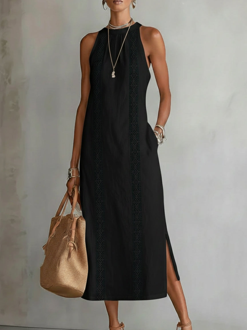Halter Neck Sleeveless Lace Trim Side Split Midi Dress 11