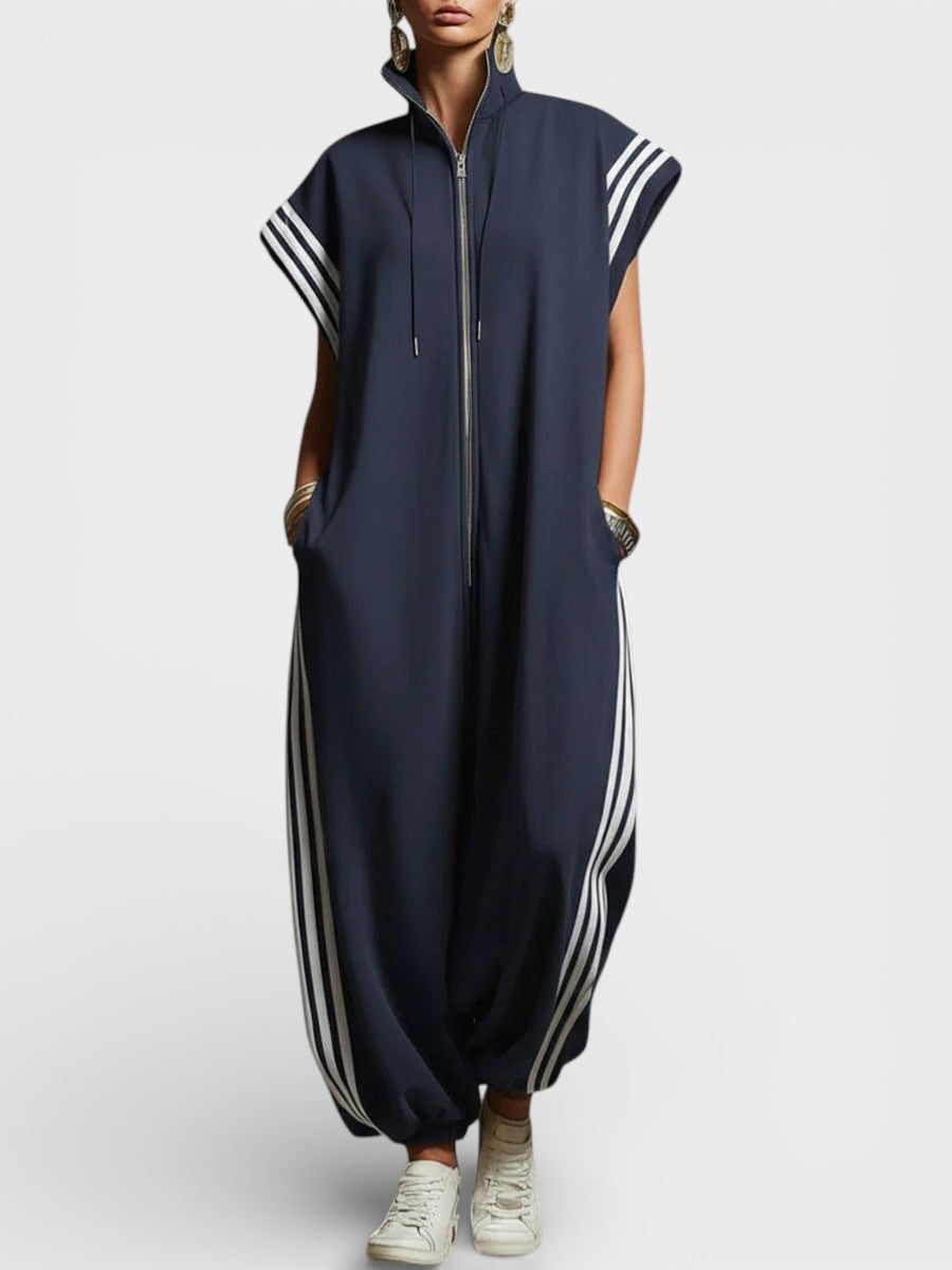 Stand Collar Zip Front Side Stripe Wide Leg Jumpsuit 2