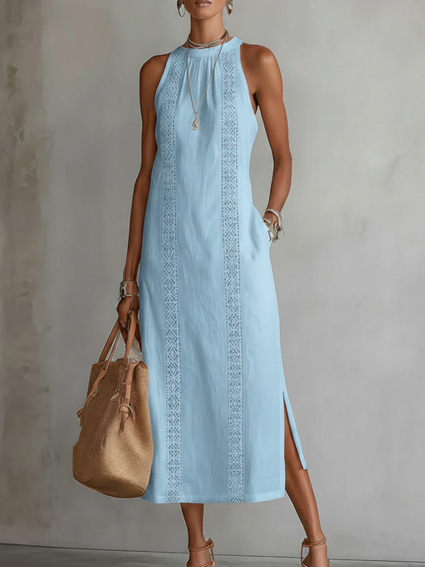 Halter Neck Sleeveless Lace Trim Side Split Midi Dress 9