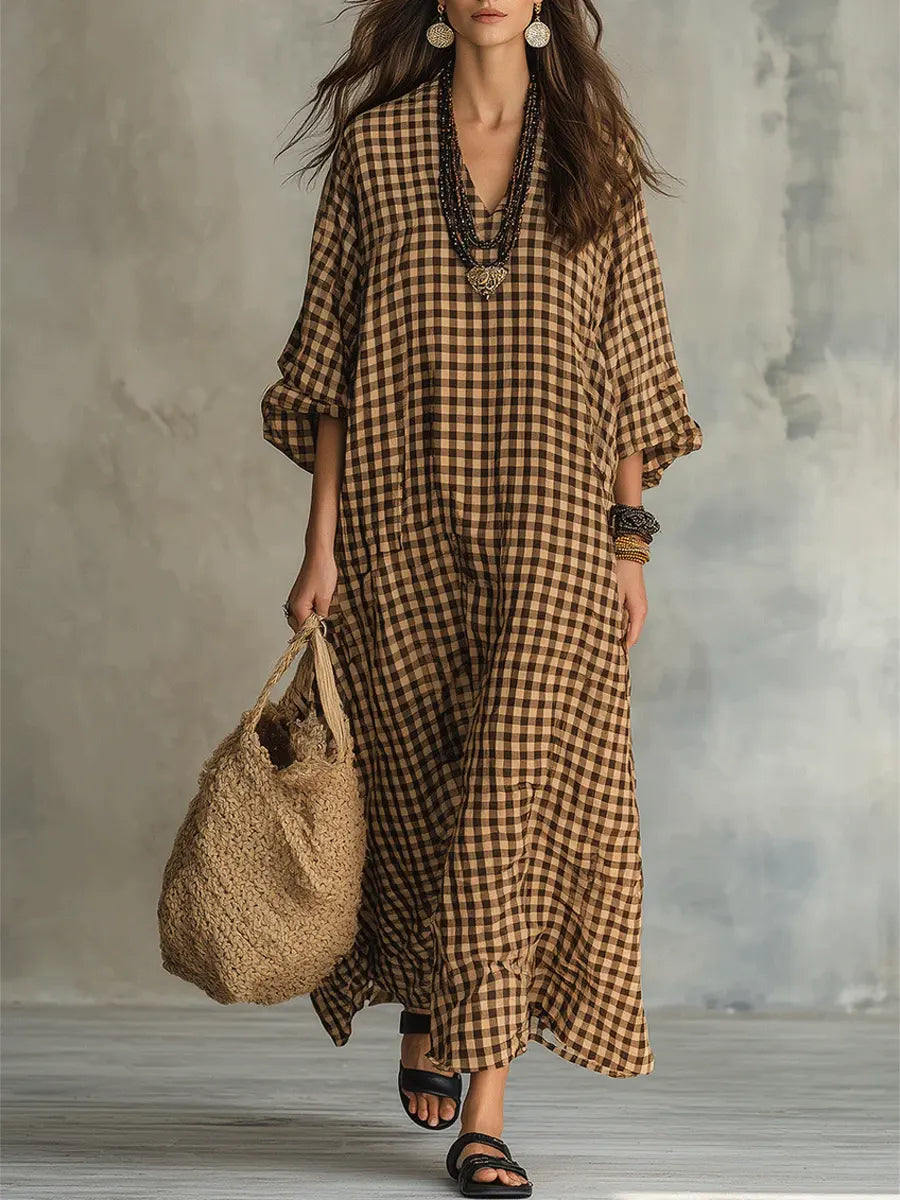 Gingham Check V-Neck Long Sleeve Oversized Maxi Dress