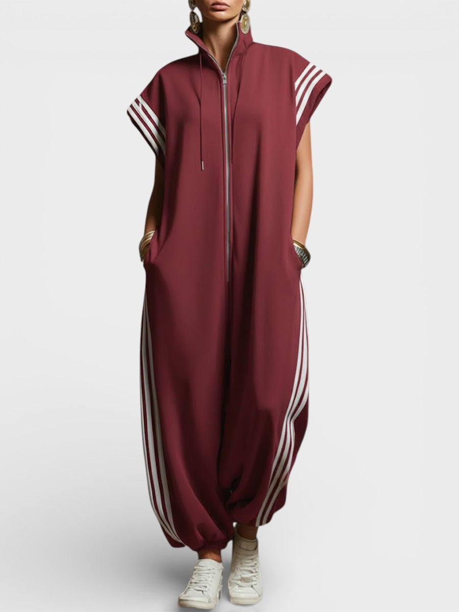 Stand Collar Zip Front Side Stripe Wide Leg Jumpsuit 3
