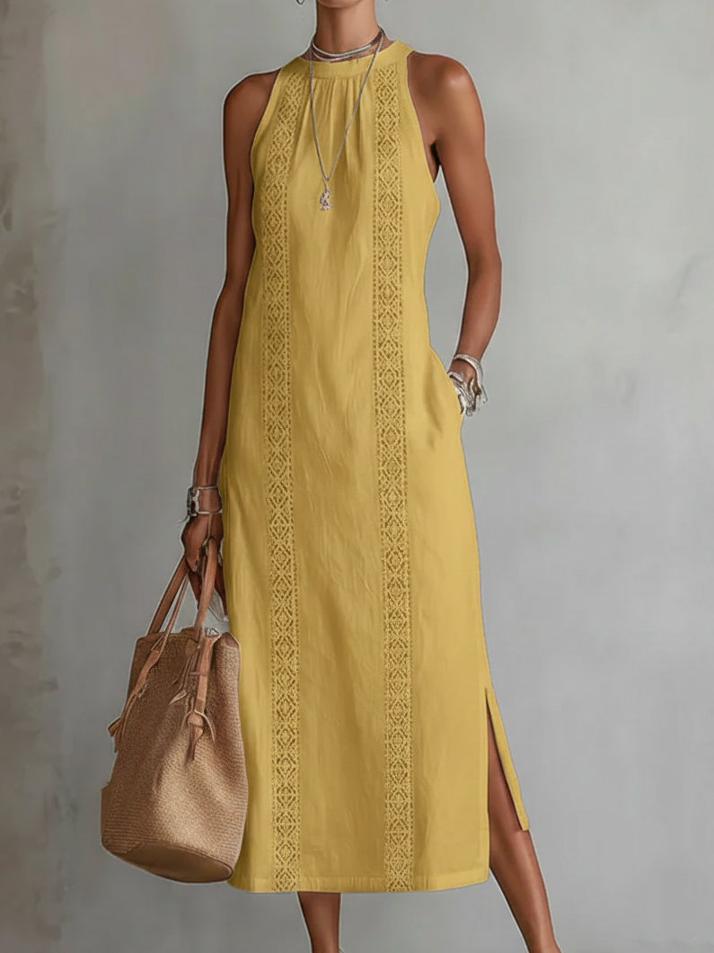 Halter Neck Sleeveless Lace Trim Side Split Midi Dress 5