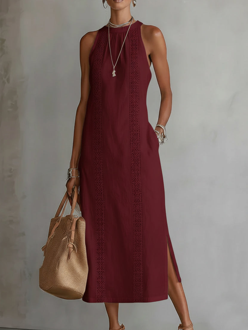 Halter Neck Sleeveless Lace Trim Side Split Midi Dress 7