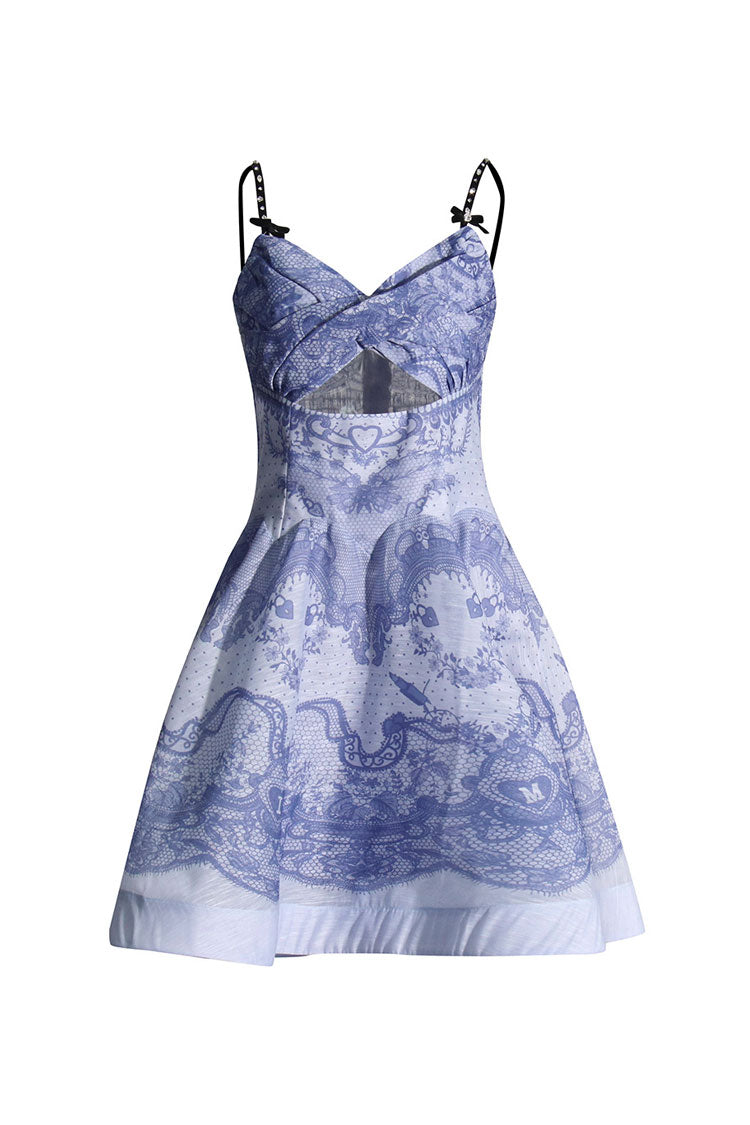 Ornate Print Rhinestone Strap Cutout Twist Smocked Vacation Mini Sundress - Fashionpara