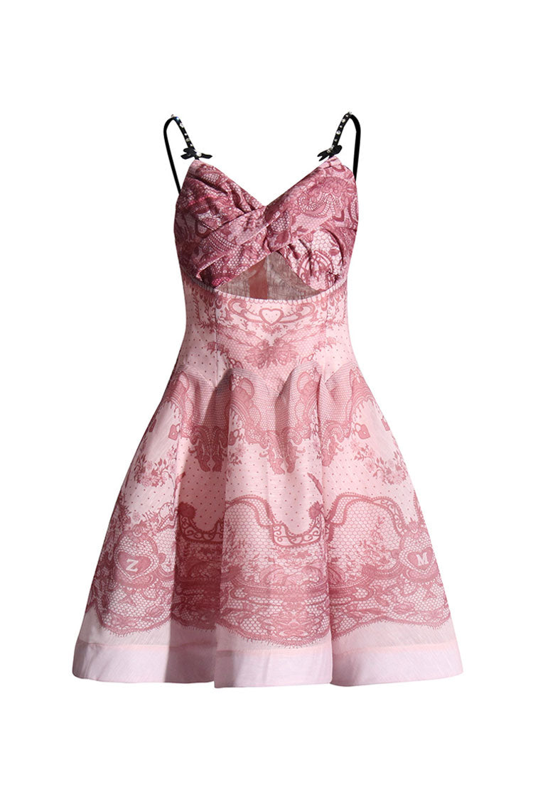 Ornate Print Rhinestone Strap Cutout Twist Smocked Vacation Mini Sundress - Fashionpara