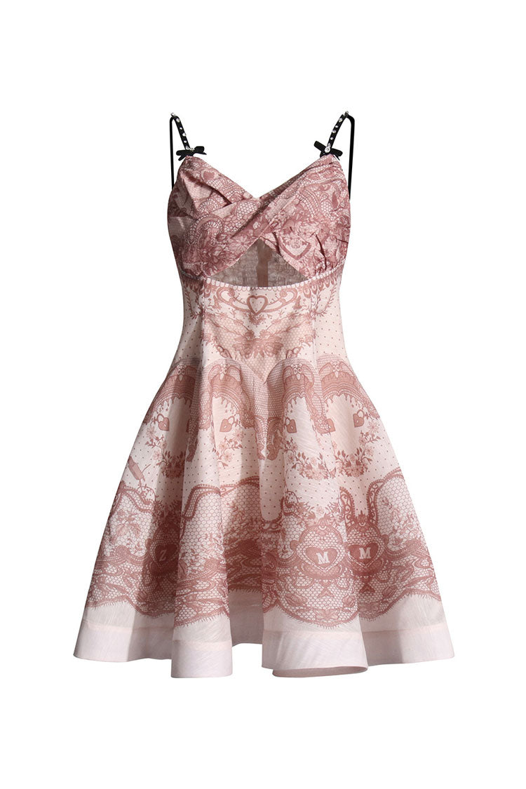 Ornate Print Rhinestone Strap Cutout Twist Smocked Vacation Mini Sundress - Fashionpara
