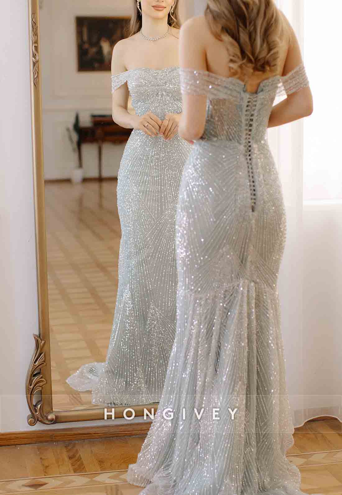 Metallic Yarn Off the Shoulder Sweep Train Ladder Back Mermaid Wedding Dresses