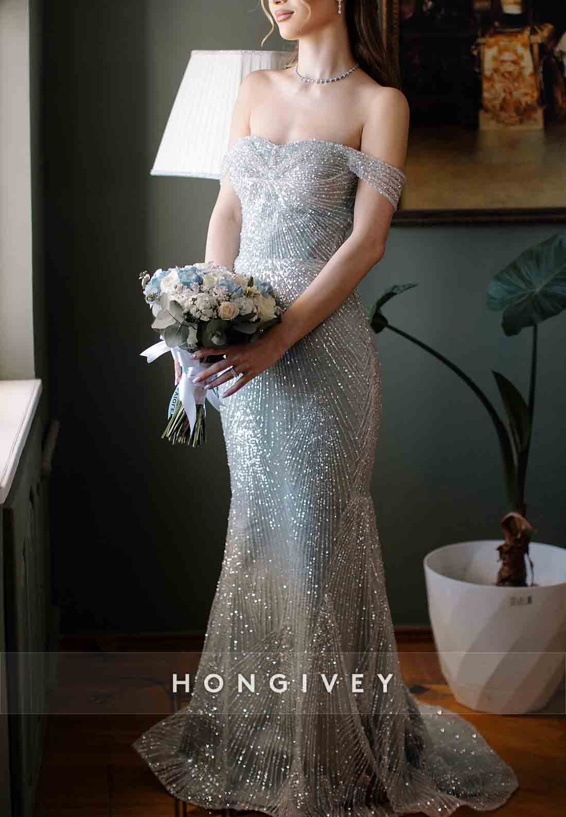 Metallic Yarn Off the Shoulder Sweep Train Ladder Back Mermaid Wedding Dresses