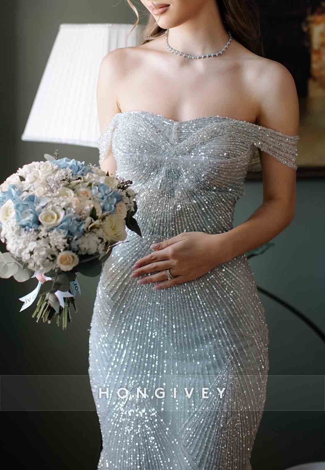Metallic Yarn Off the Shoulder Sweep Train Ladder Back Mermaid Wedding Dresses