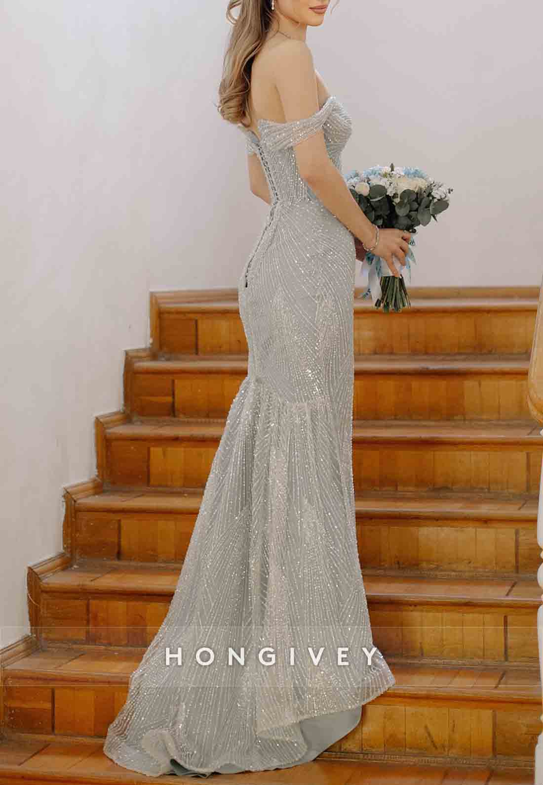 Metallic Yarn Off the Shoulder Sweep Train Ladder Back Mermaid Wedding Dresses