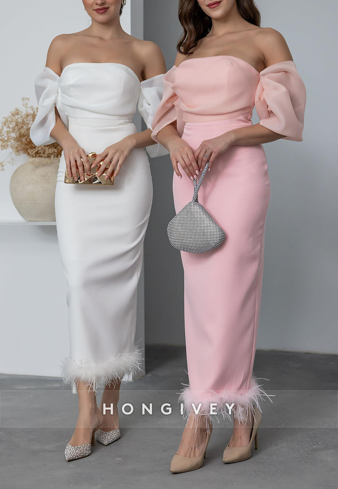 Ankle-Length Evening Gown Off the Shoulder Feather Chiffon Pleated Zipper Wedding Guest Dresses
