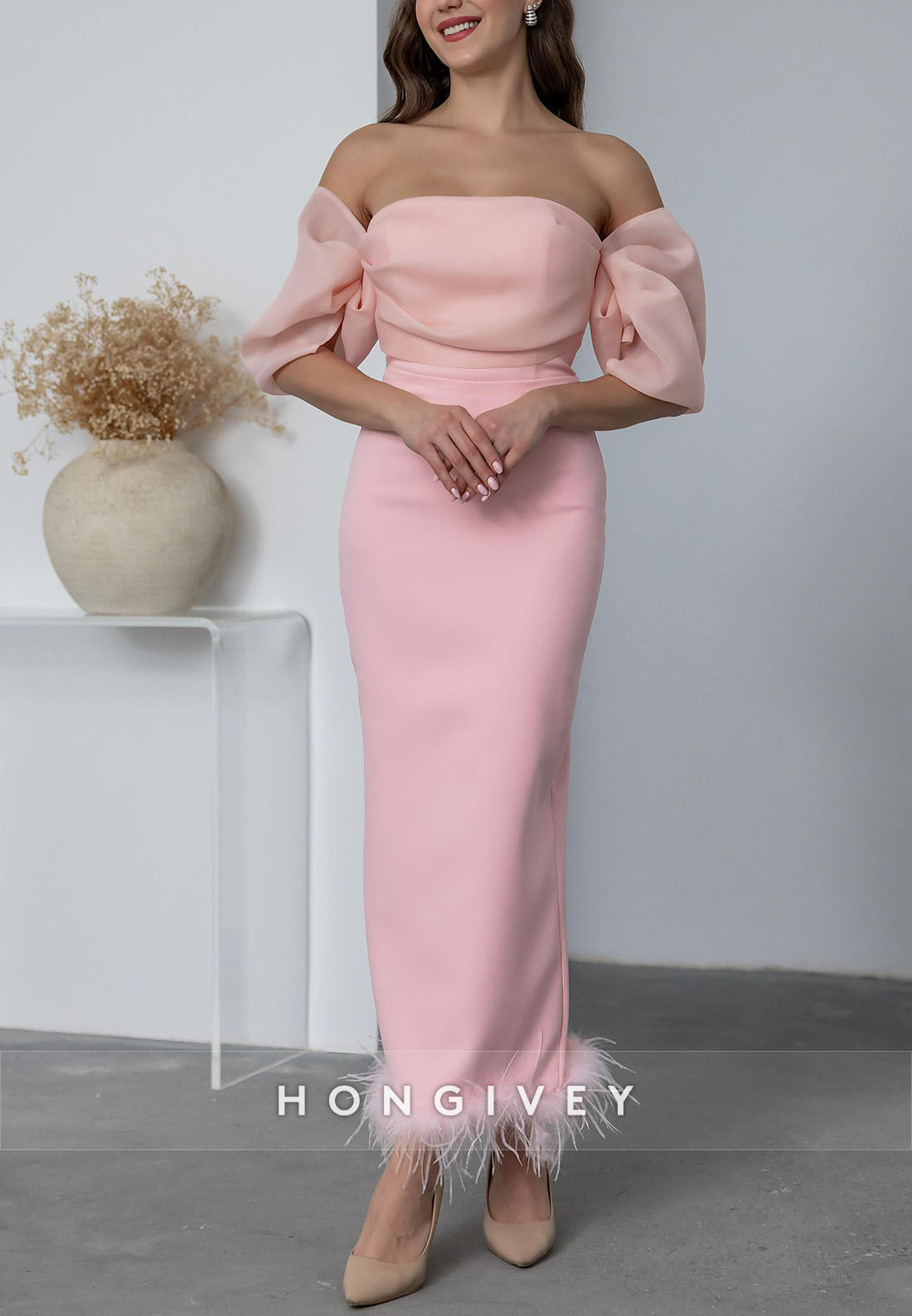 Ankle-Length Evening Gown Off the Shoulder Feather Chiffon Pleated Zipper Wedding Guest Dresses