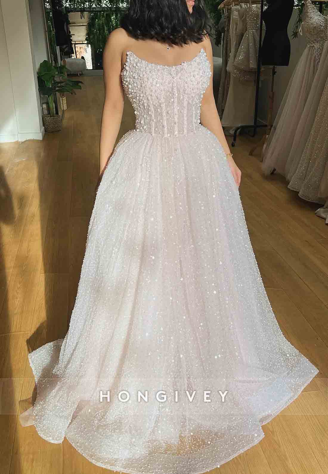 Sparkle Beading Strapless A-Line Floor-Length Sequined Wedding Dresses