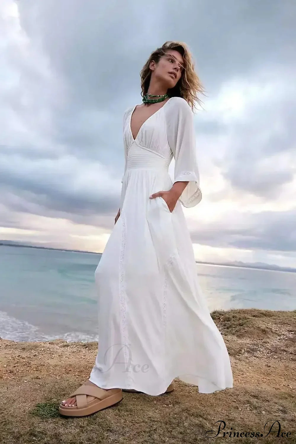 Oversized Backless Deep V Cotton Boho Dress WHITE / S bohodress-250126