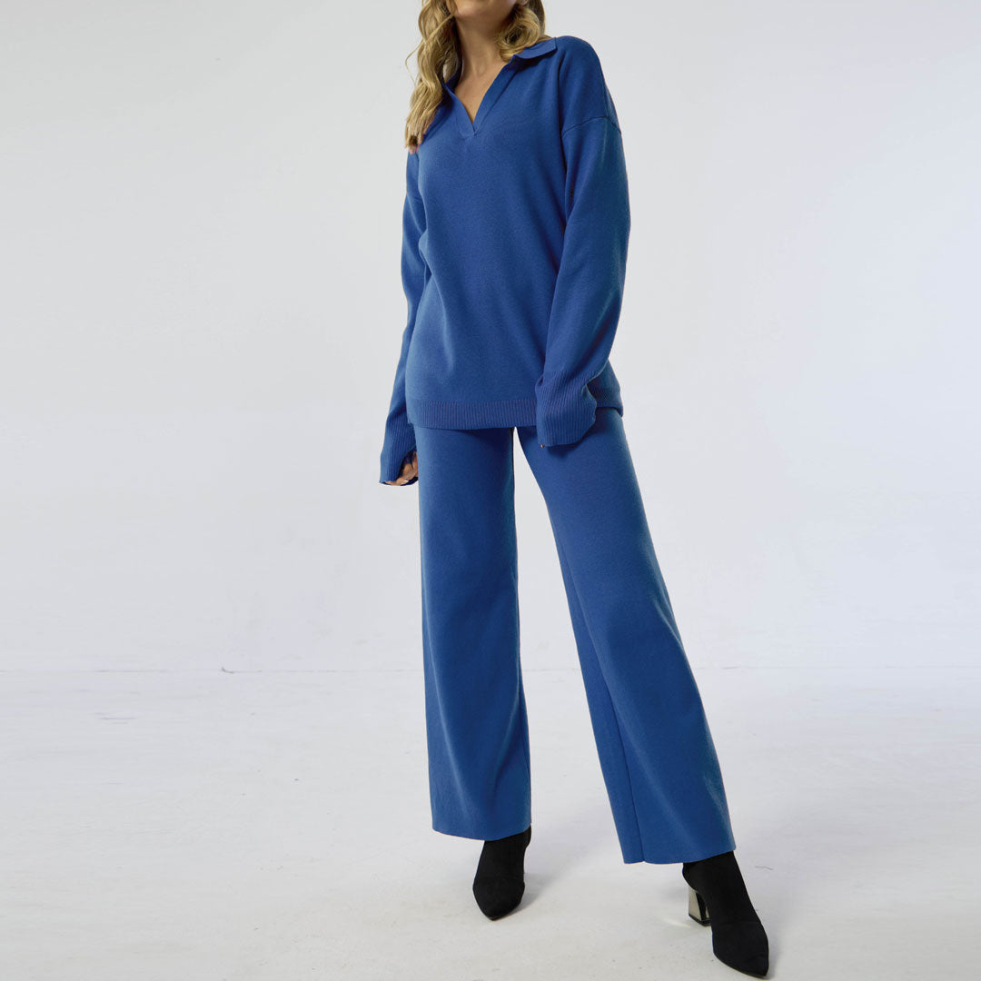 Oversized Collared Long Sleeve Sweater Wide Leg Pants Matching Set - Royal Blue - Fashionpara