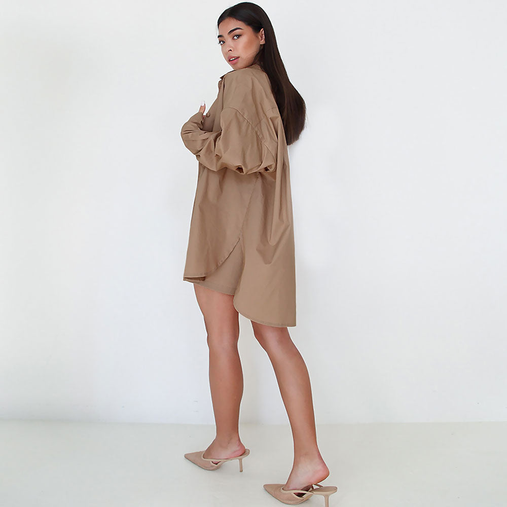 Oversized Color Block Button Down Pocketed Shorts Matching Set - Khaki - Fashionpara