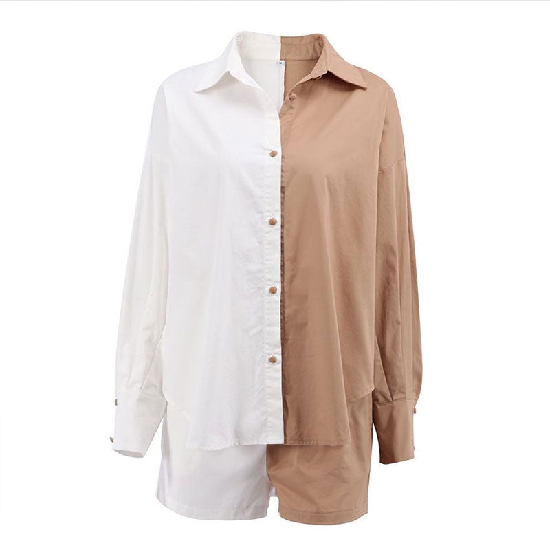 Oversized Color Block Button Down Pocketed Shorts Matching Set - Khaki - Fashionpara